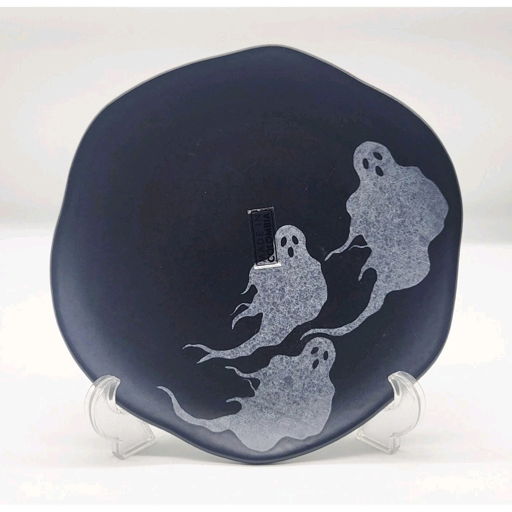 Corona Halloween Ghost Salad Plate 8" Coupe Black Stoneware Made Colombia